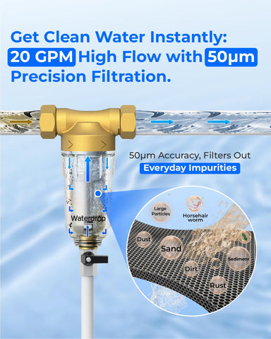 Waterdrop Spin Down Sediment Filter backwash function; flushes sediment for easy maintenance.