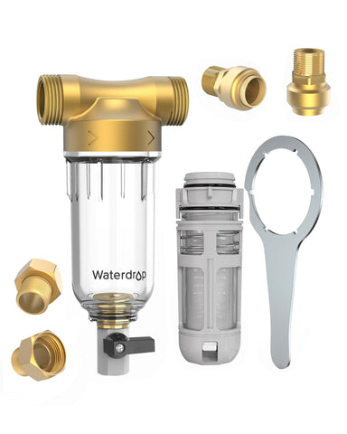 Waterdrop Spin Down Sediment Filter front view; traps rust and sand to protect plumbing.