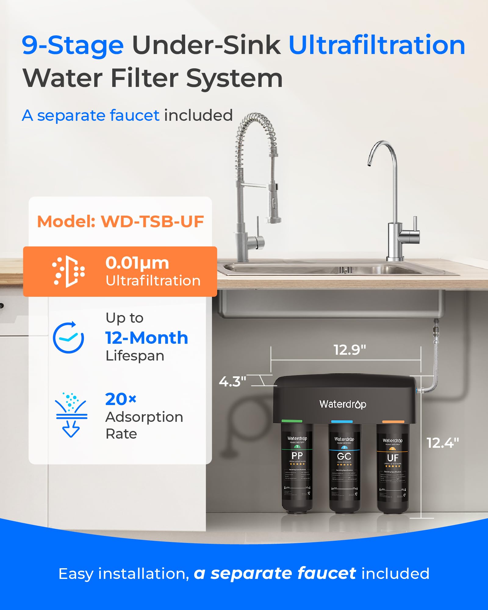 Waterdrop TSB-UF dual faucet in brushed stainless steel for convenient separate taps.