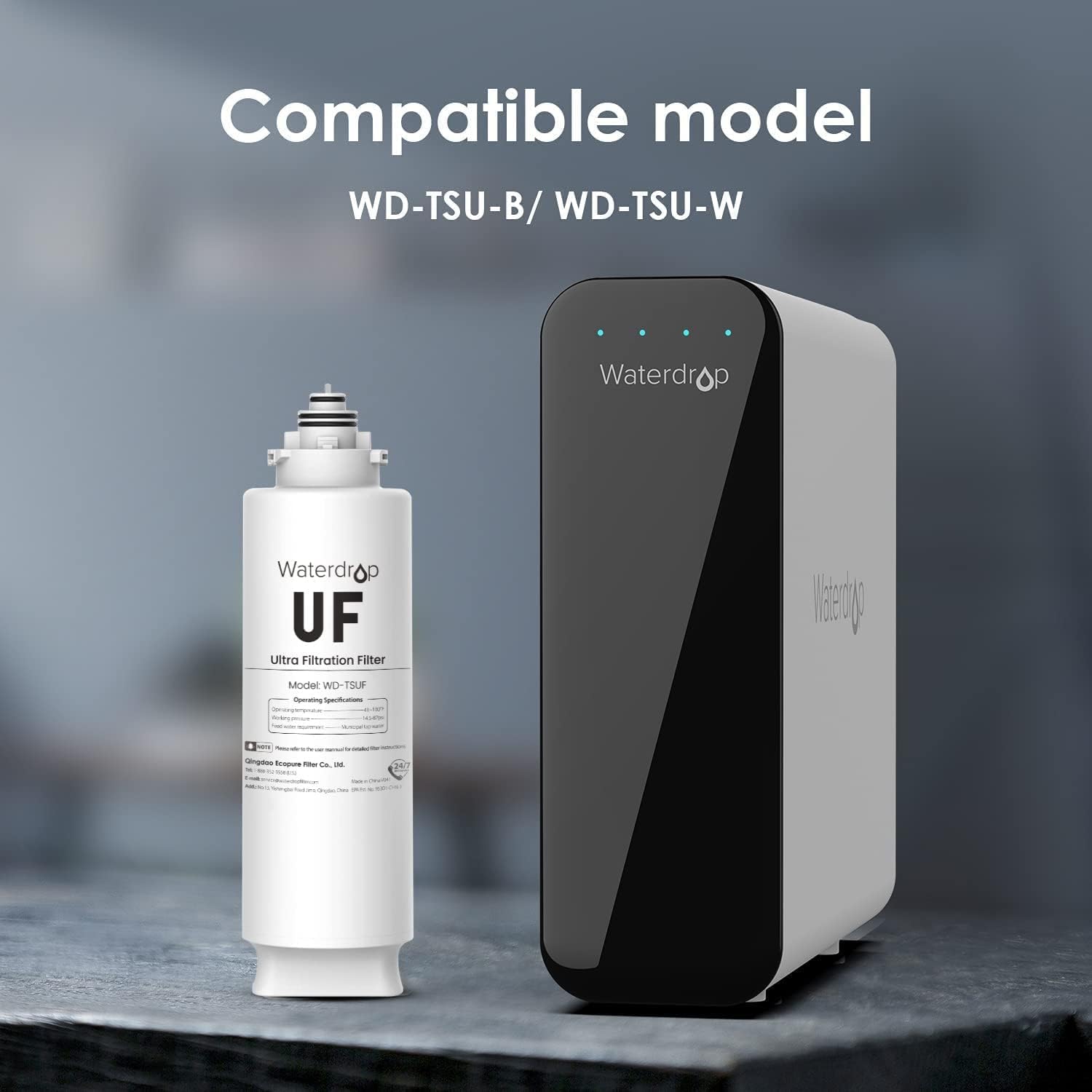 Waterdrop TSUF 24-month lifespan highlights long-lasting filtration.