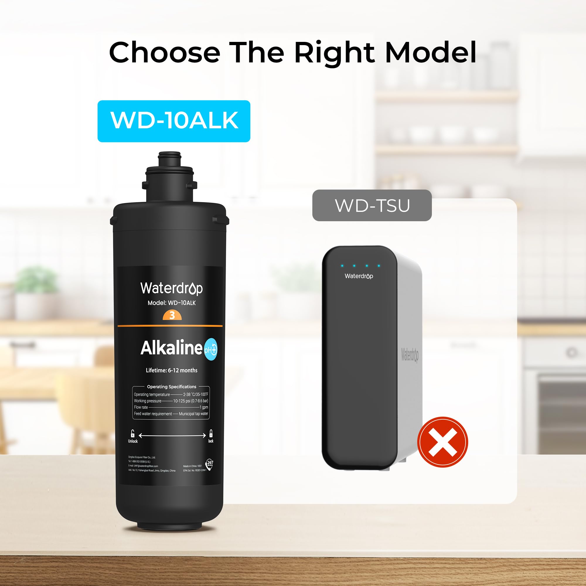 Waterdrop WD-10ALK cartridge close-up highlights compact, high-efficiency filtration.