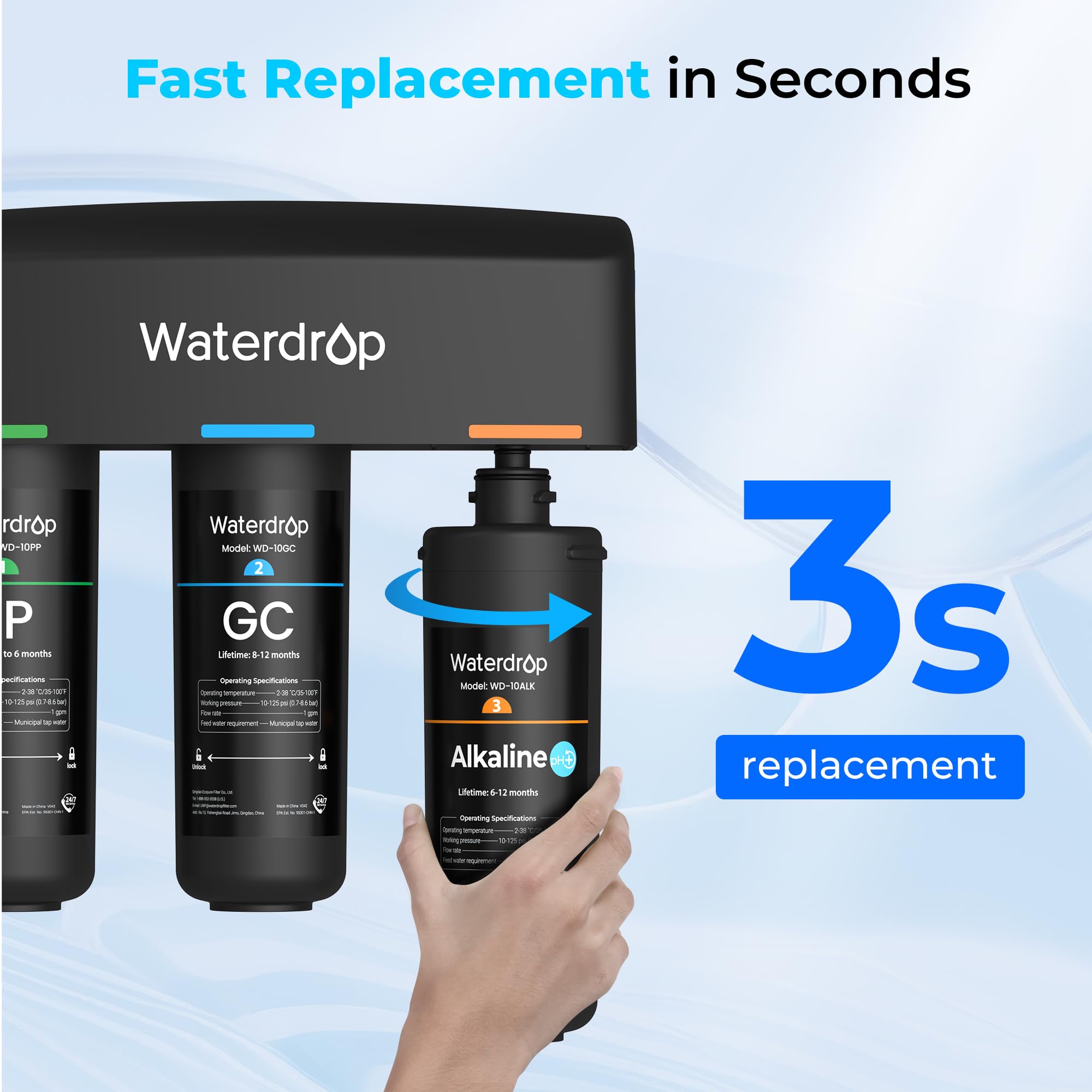 Waterdrop WD-10ALK compatibility with WD-TSA/WD-TSB system shown.