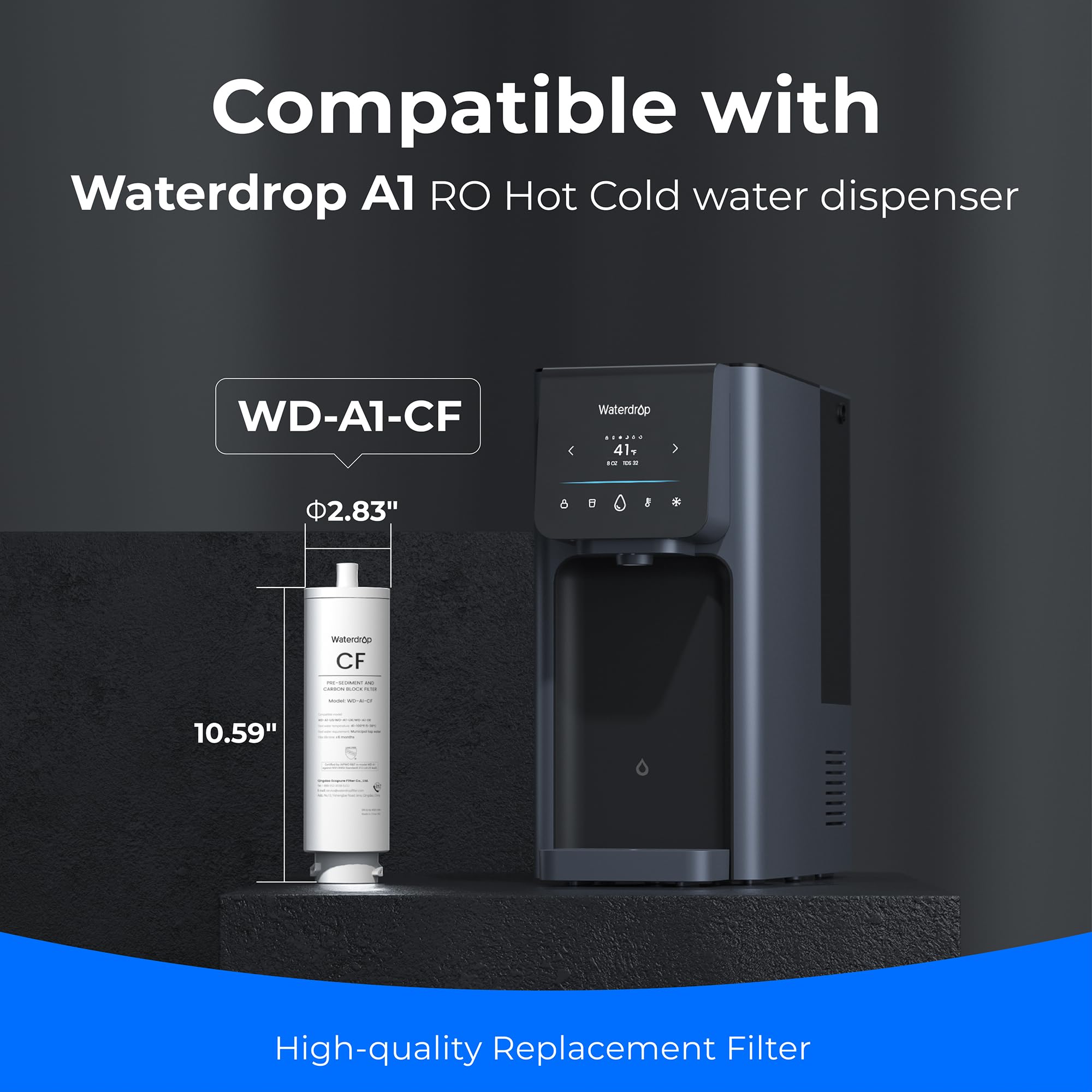 Waterdrop WD-A1 CF Filter 3-layer filtration cross-section highlights filtration stages.