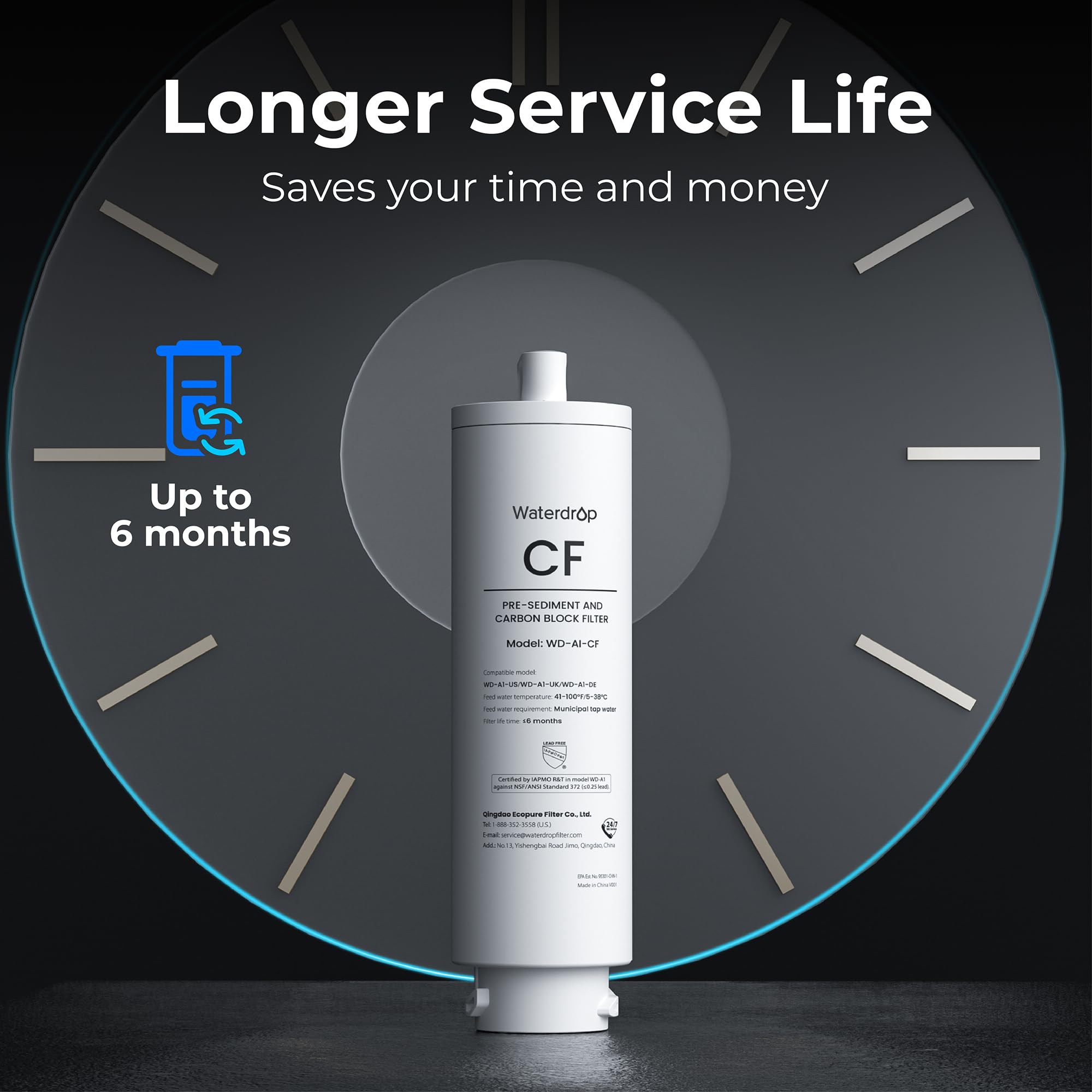 Waterdrop WD-A1 CF Filter removes impurities and improves water clarity.