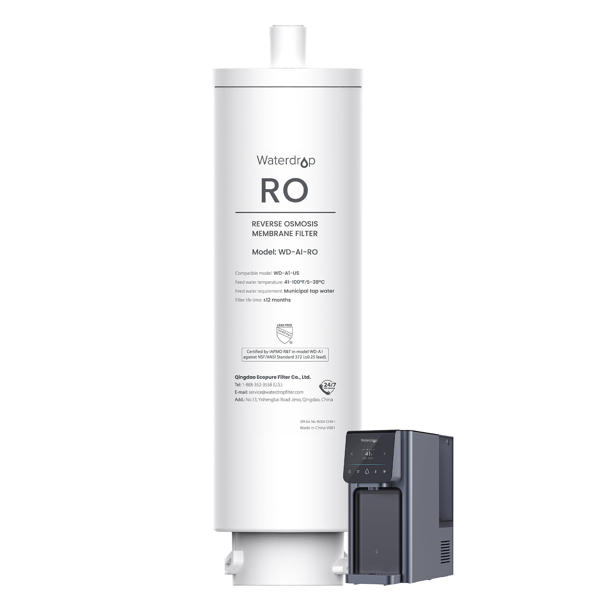 Waterdrop WD-A1-RO filter front view, compact for home use.