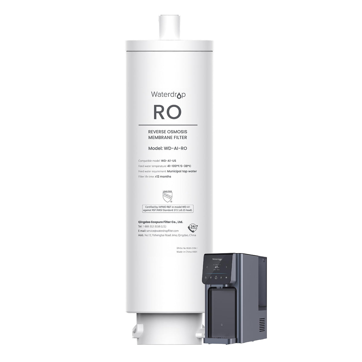 Waterdrop WD-A1-RO filter front view, compact for home use.