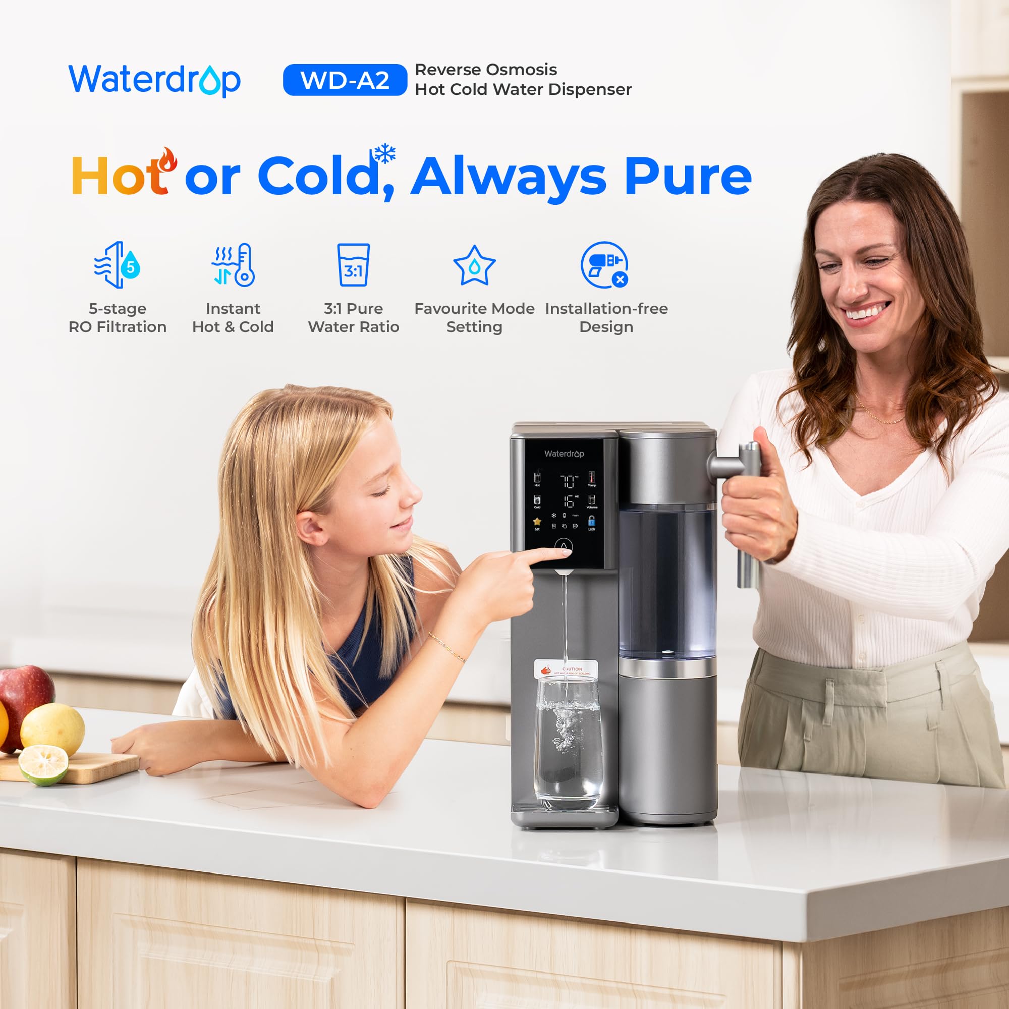 Instant hot and cold water from Waterdrop WD-A2 for beverages and cooking