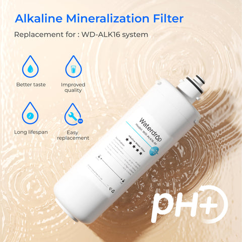 Waterdrop WD-ALK16-RF filter installed under sink for convenient access.
