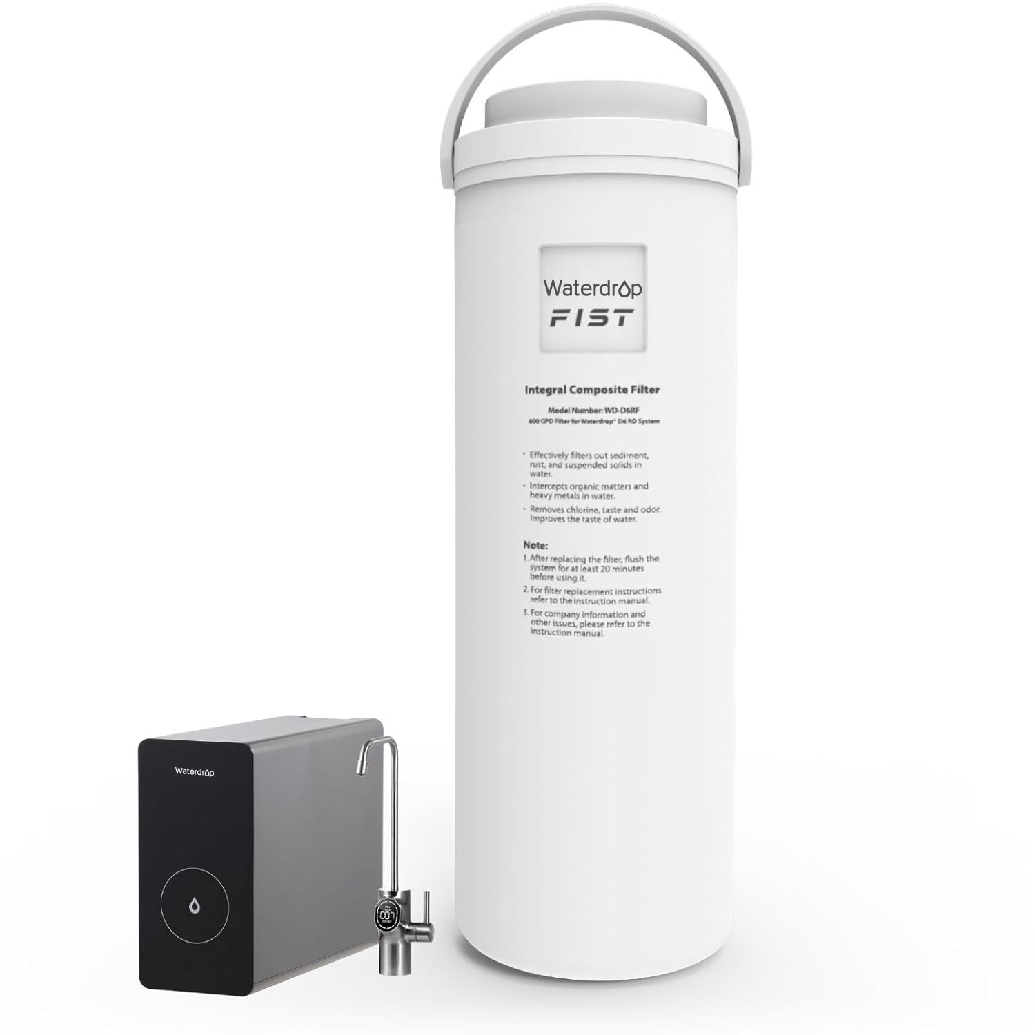 Waterdrop WD-D6RF filter front view showing compact replacement for clean water