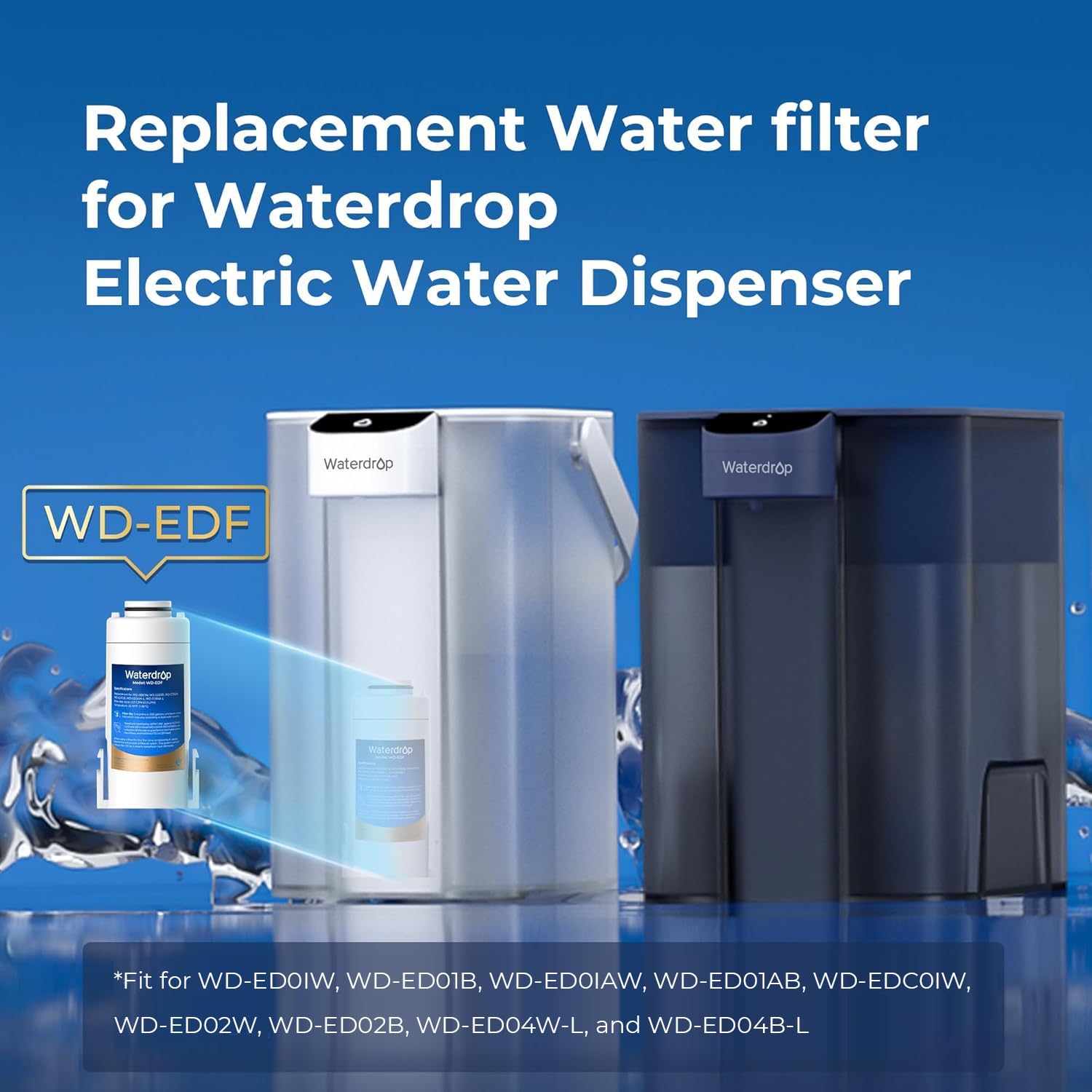 Waterdrop WD-EDF carbon-block detail highlights a 5 µm filtration for impurity reduction.