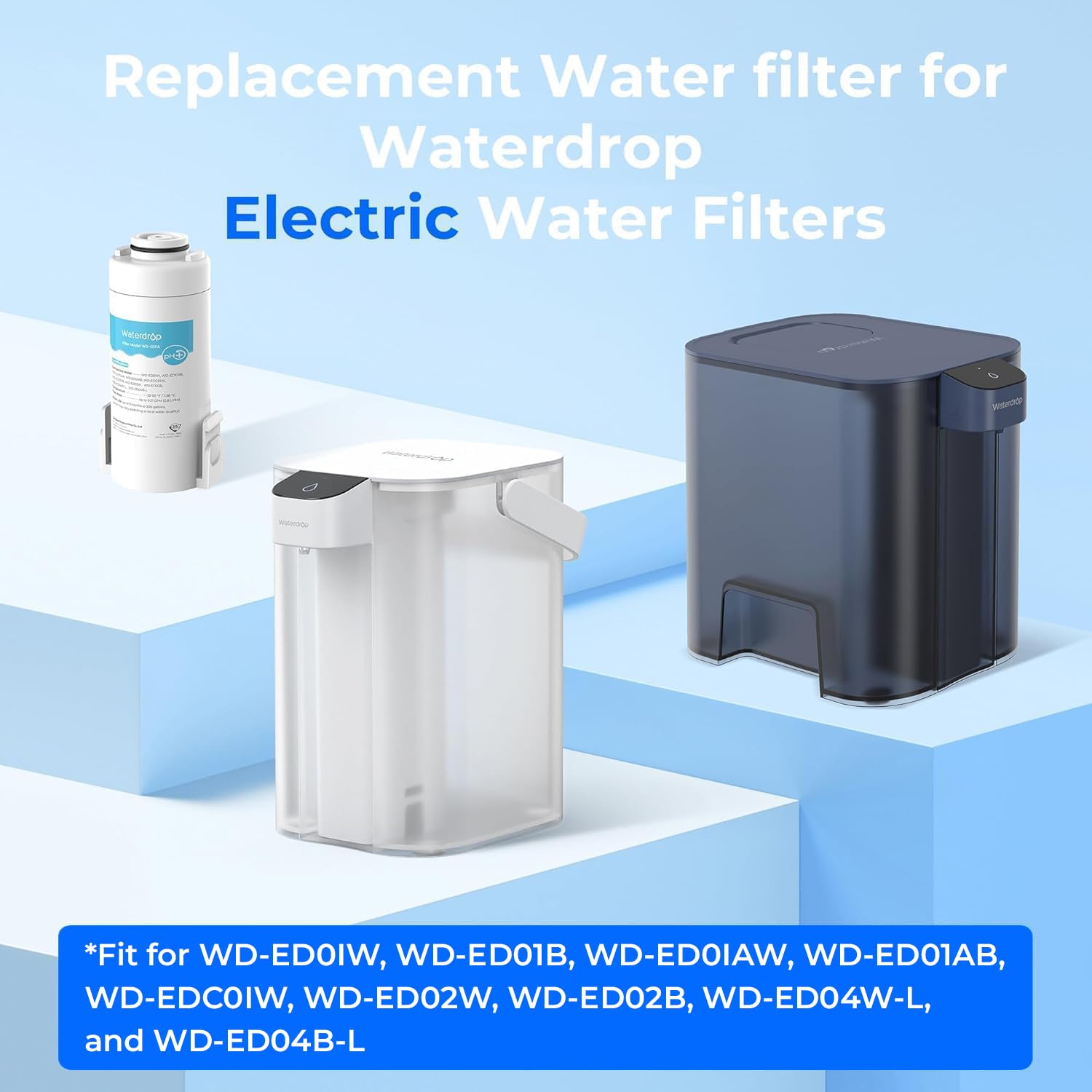 Waterdrop WD-EDFA easy replacement image highlights no-tools filter change.