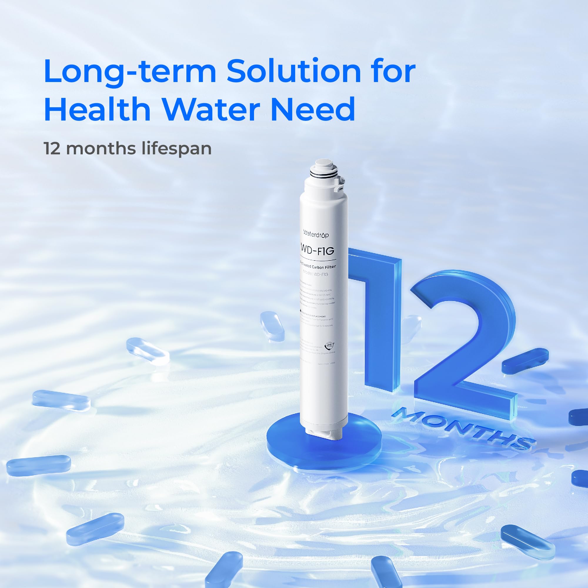 Waterdrop WD-F1G carbon layer close-up signals improved taste and impurity reduction.