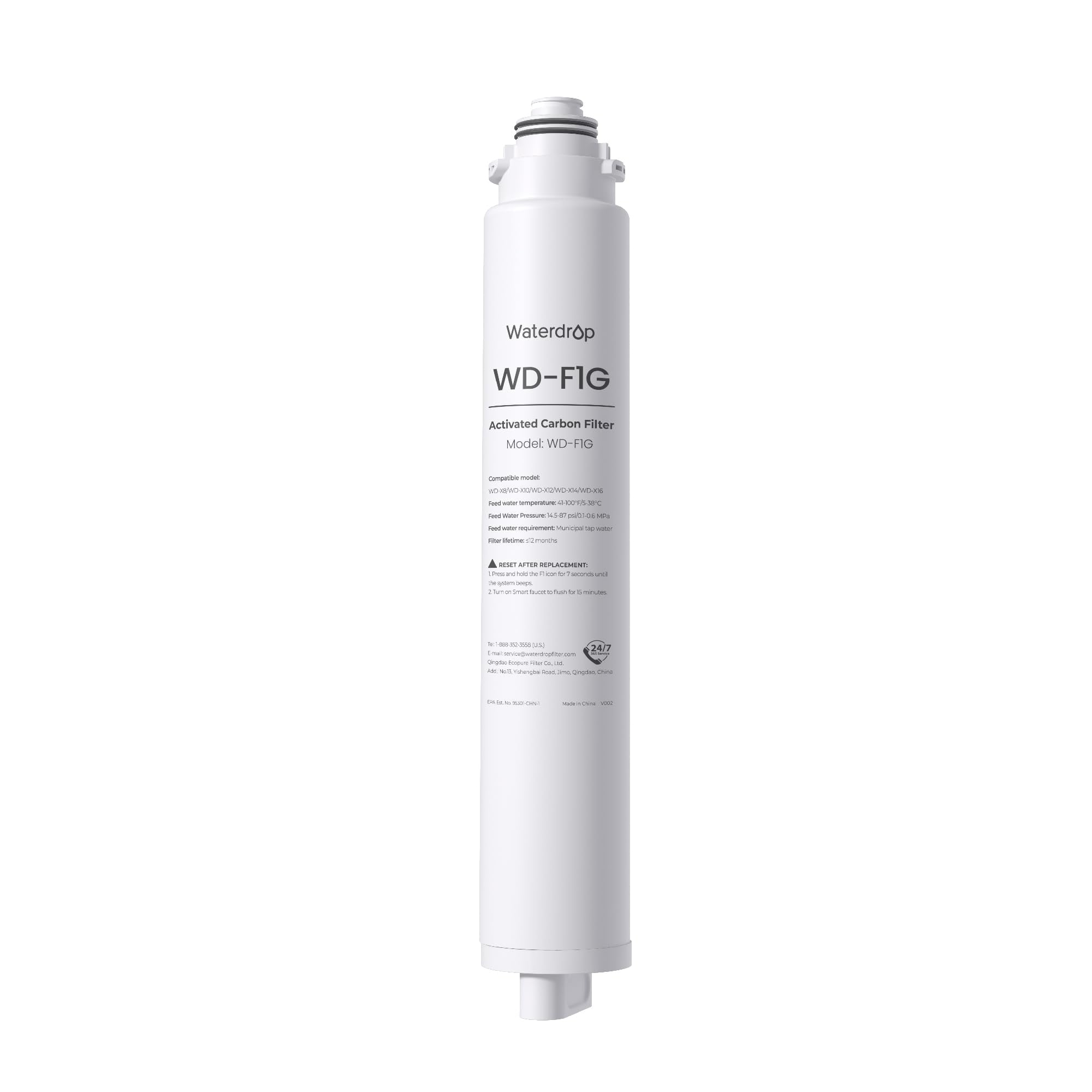 Waterdrop WD-F1G filter packaging highlights 12-month lifespan for compatible WD-X12 and WD-X8 systems.