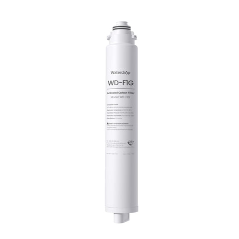 Waterdrop WD-F1G filter packaging highlights 12-month lifespan for compatible WD-X12 and WD-X8 systems.