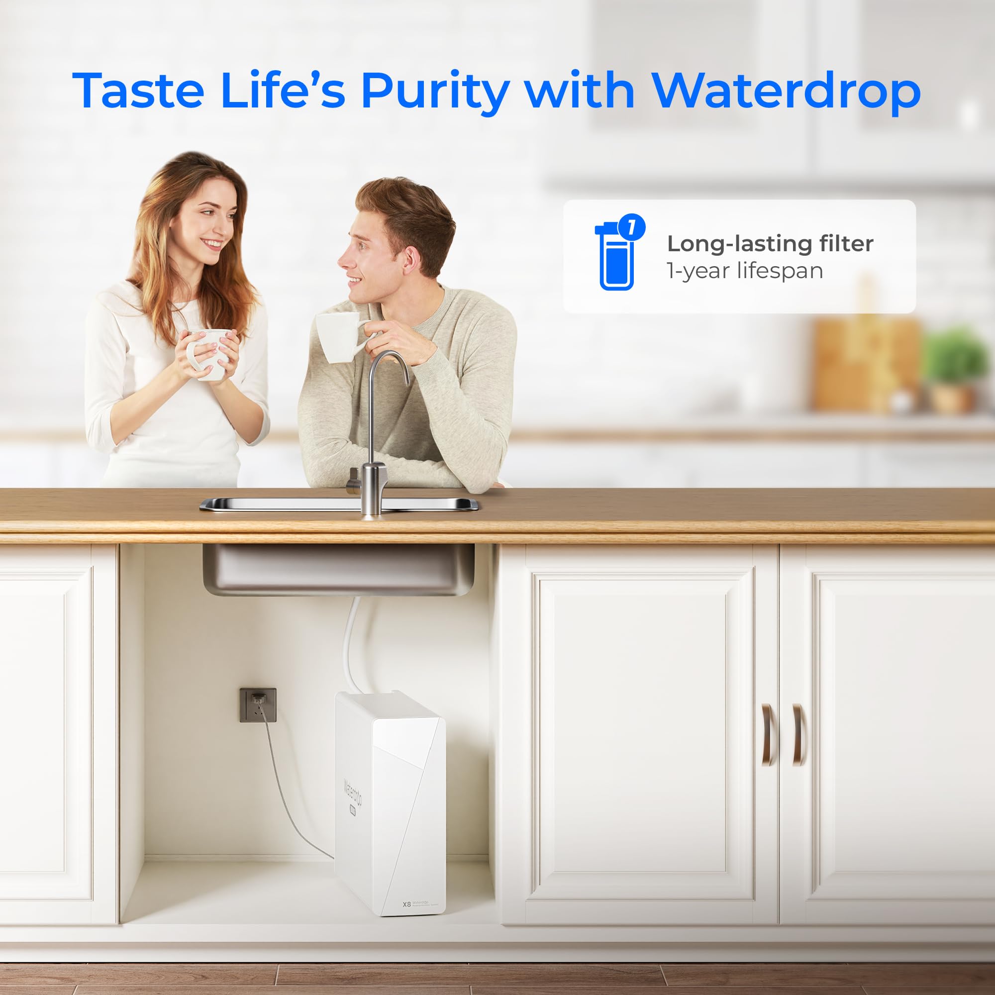 Waterdrop WD-F1G quick-replacement scene shows tool-free swap.