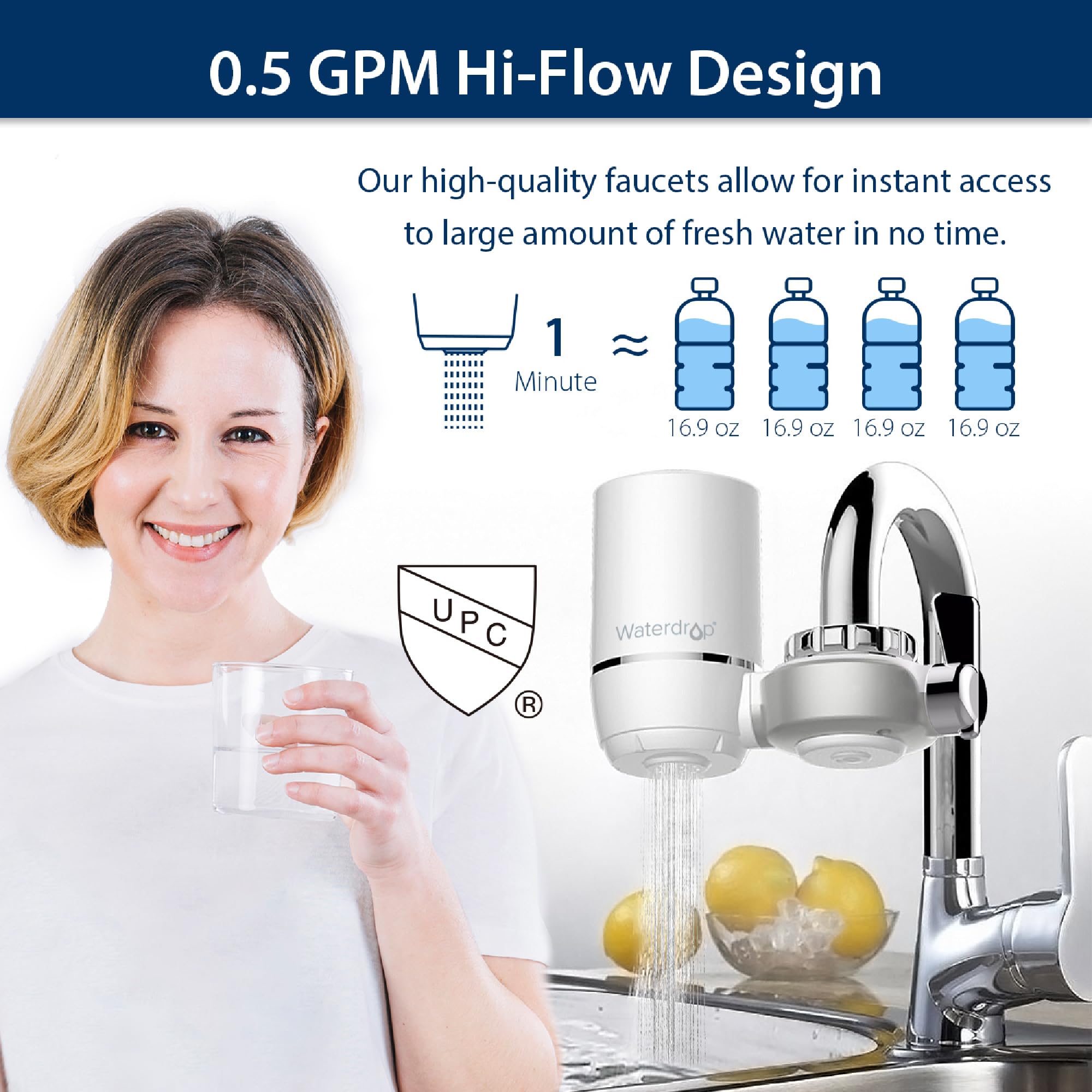Waterdrop WD-FF-01A flow-rate test image shows 0.5 GPM performance