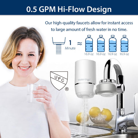 Waterdrop WD-FF-01A flow-rate test image shows 0.5 GPM performance
