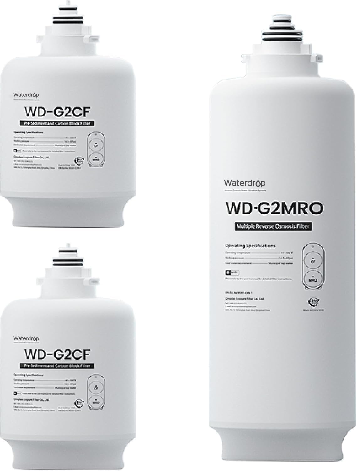 Waterdrop WD-G2-W carbon block filter shown, reduces taste and odor.