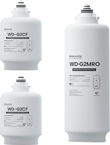 Waterdrop WD-G2-W carbon block filter shown, reduces taste and odor.