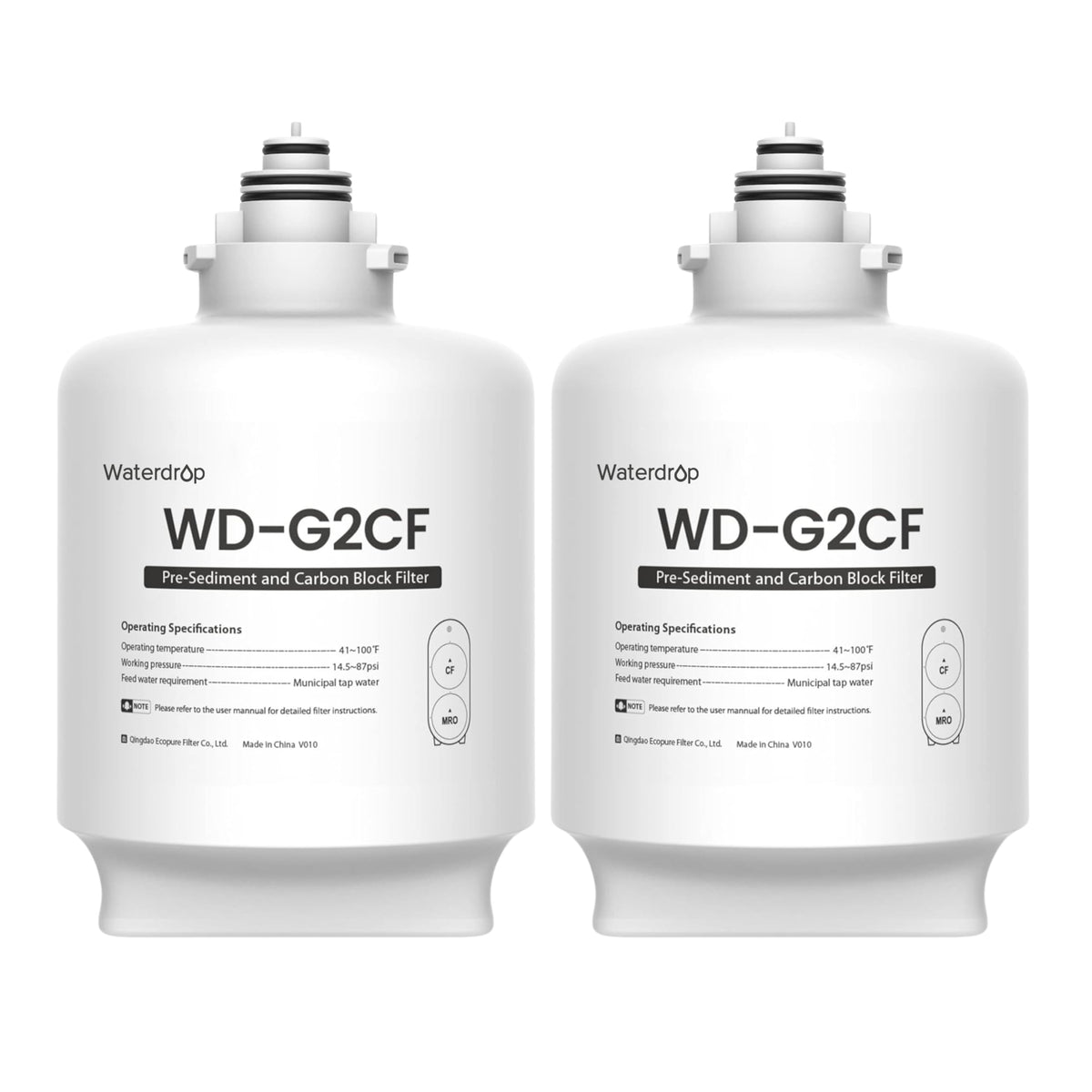 Waterdrop WD-G2CF filter front view showing 2-pack replacement for cleaner water
