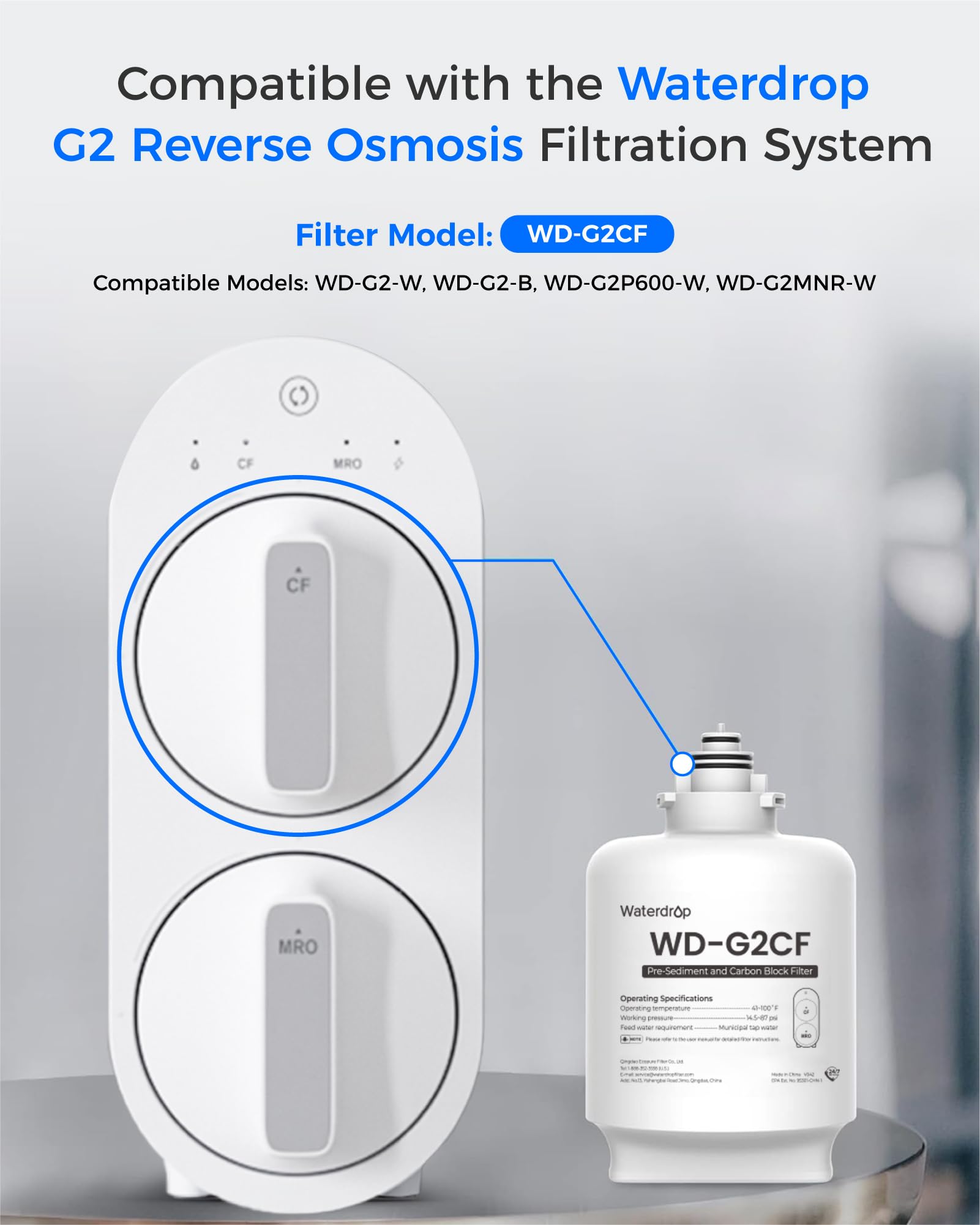 Waterdrop WD-G2CF packaging box illustrating compatibility with WD-G2 series