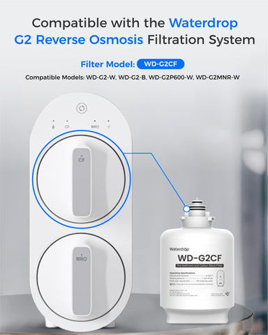 Waterdrop WD-G2CF packaging box illustrating compatibility with WD-G2 series