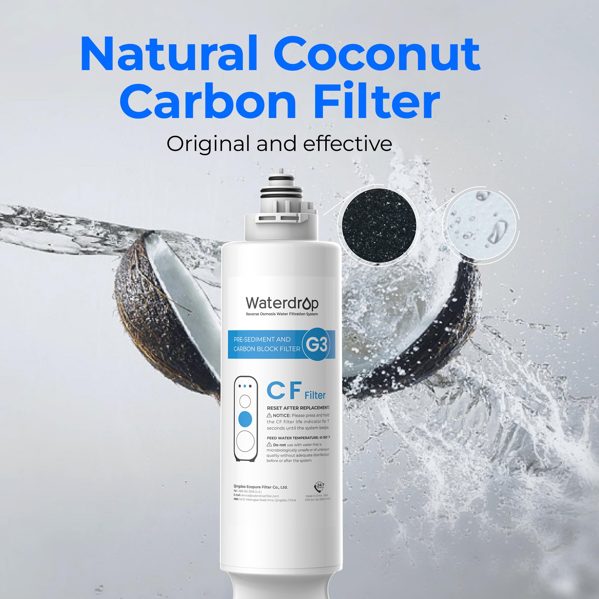Waterdrop WD-G3-CF coconut-shell activation close-up emphasizes natural filtration materials.