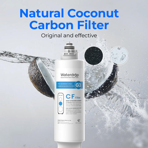 Waterdrop WD-G3-CF coconut-shell activation close-up emphasizes natural filtration materials.