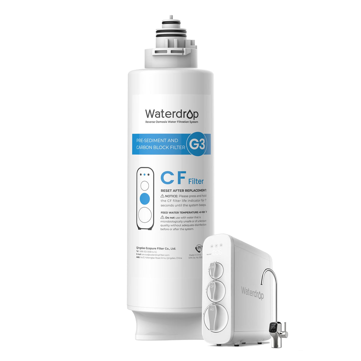 Waterdrop WD-G3-CF front filtration image highlights the initial stage for crisper water with steadier taste.