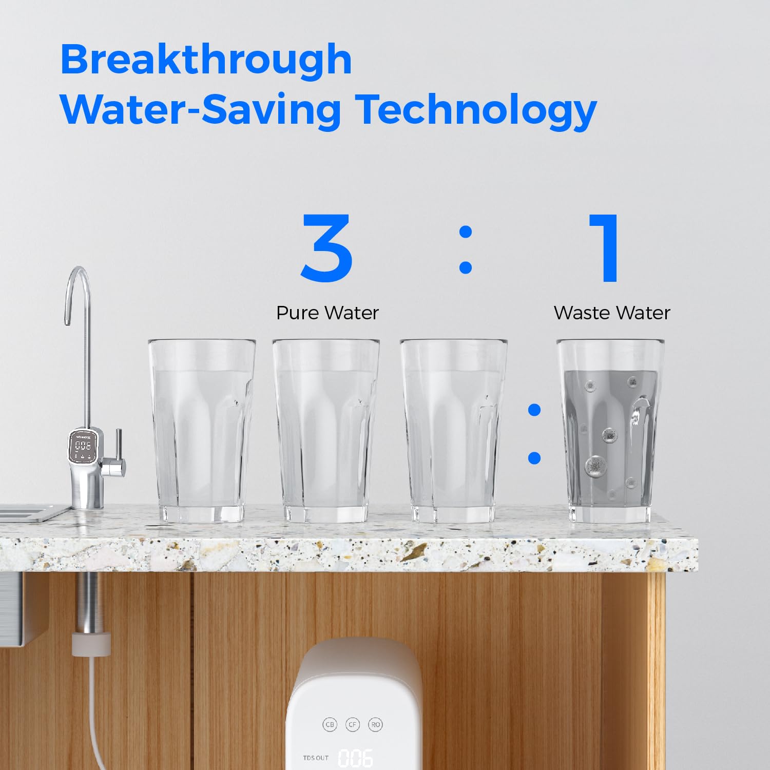 Waterdrop WD-G3P800-N2RO 3-to-1 drain ratio reduces wastewater.