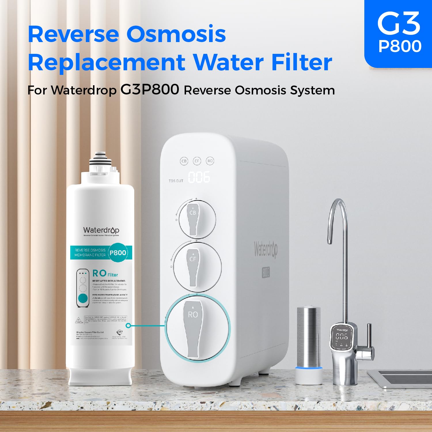 Waterdrop WD-G3P800-N2RO during installation emphasizes easy twist-and-pull replacement.