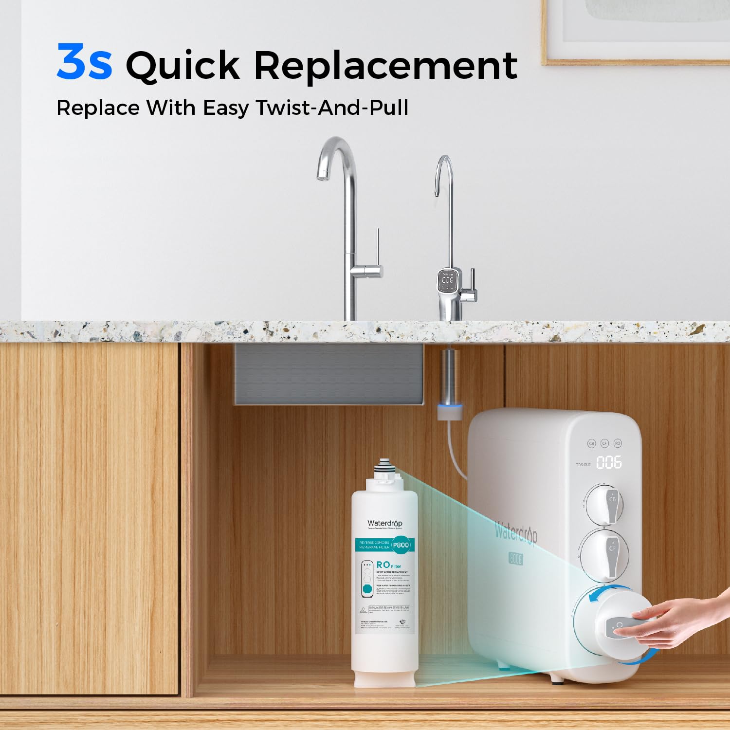 Waterdrop WD-G3P800-N2RO membrane detail illustrates high-precision filtration.
