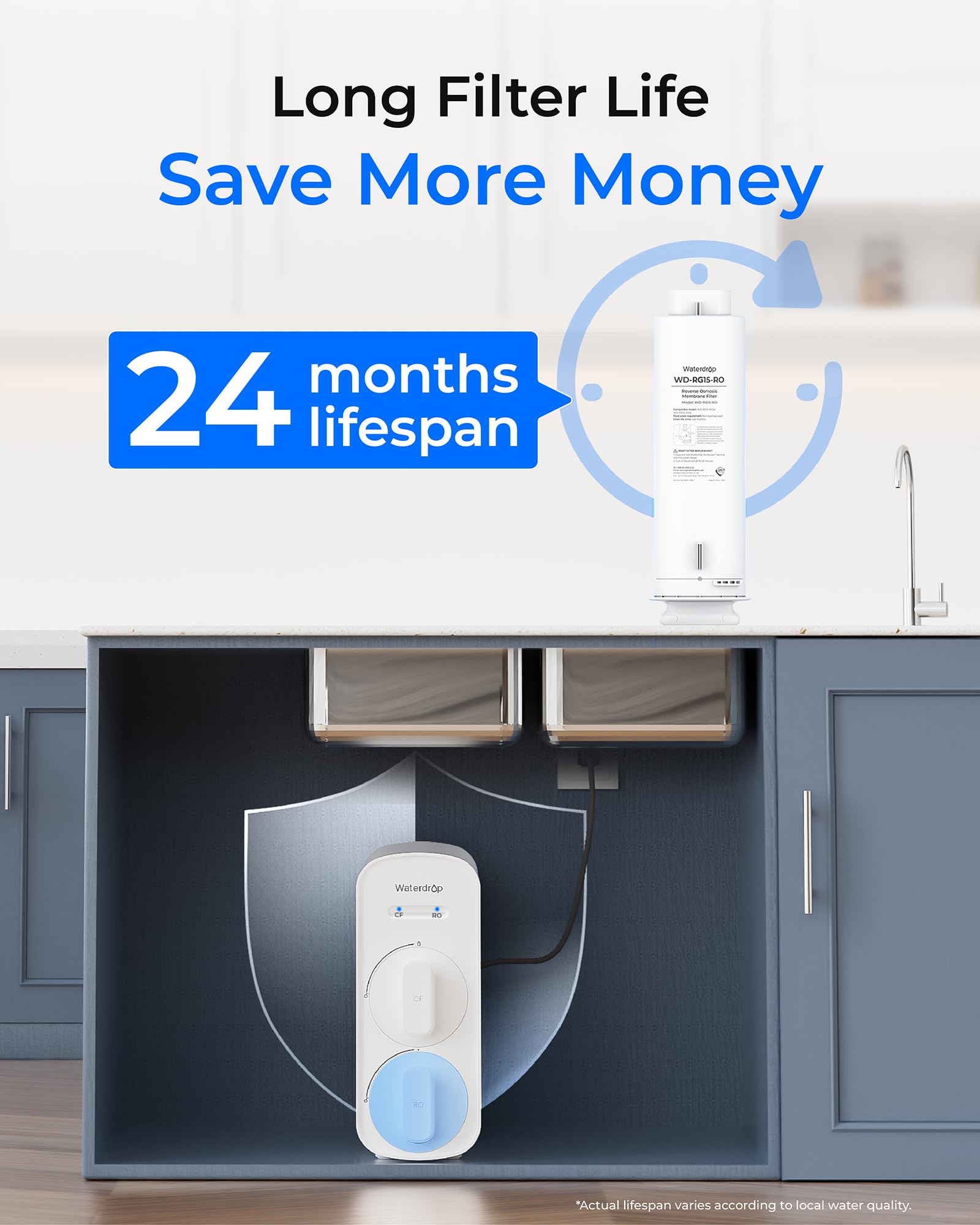 Long-life Waterdrop WD-G5P500-RO filter for up to 24 months of use