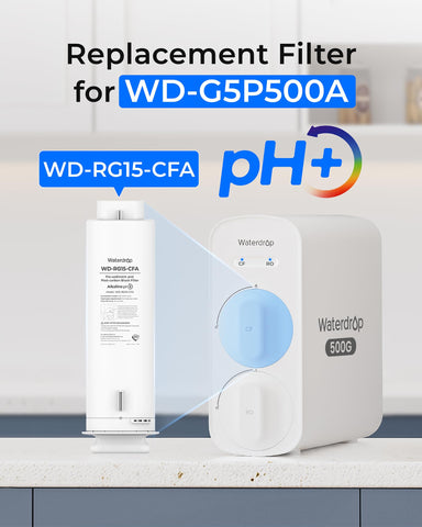 Waterdrop WD-G5P500A-CF filter packaging with clear model labeling.