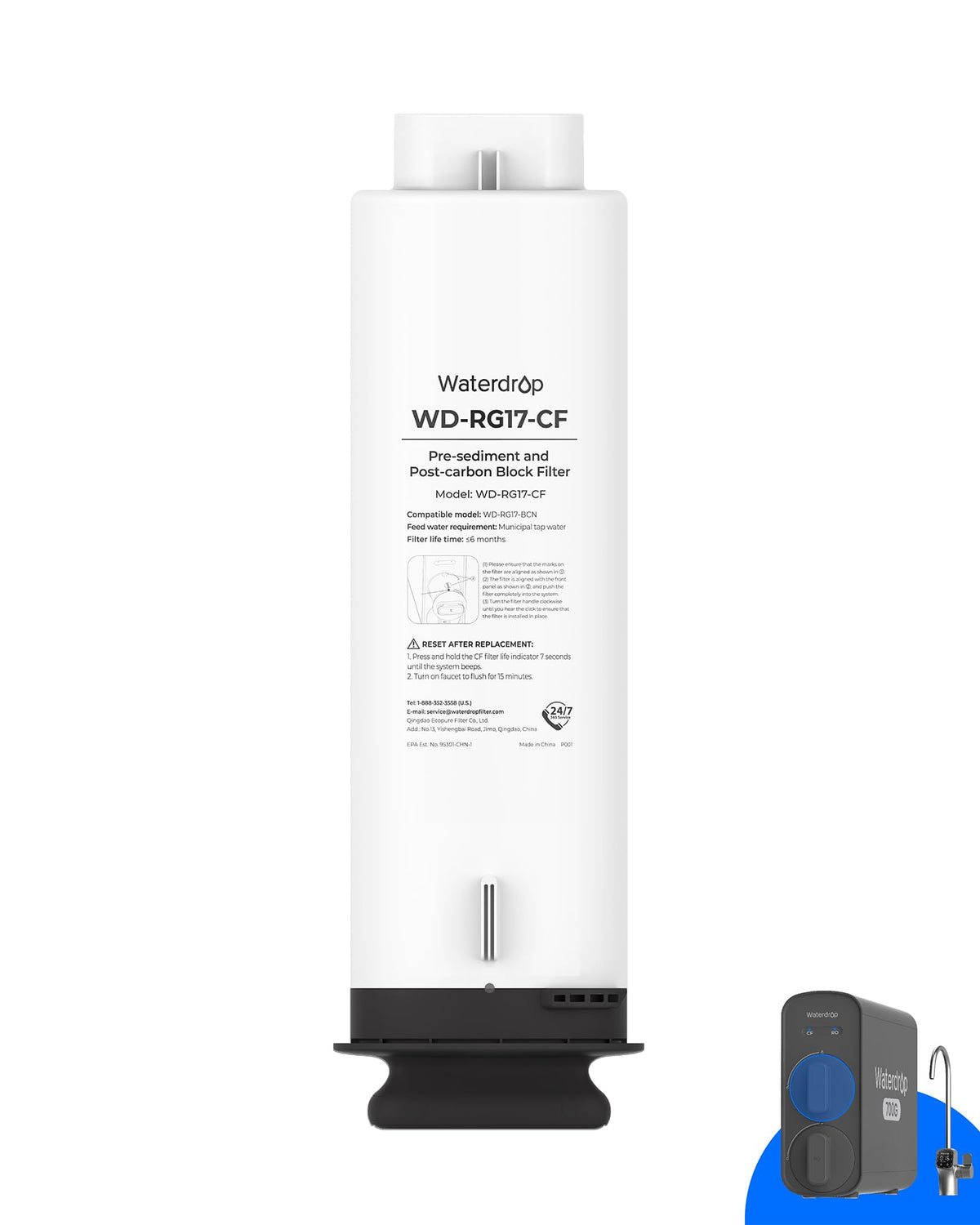 Waterdrop WD-G5P700-CF filter packaging ready for easy undersink replacement.
