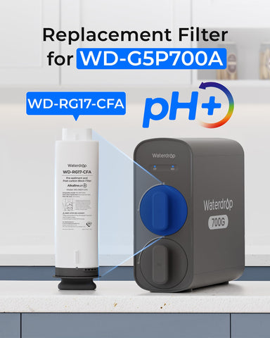 Waterdrop WD-G5P700A-CF filter being twisted into place for quick replacement.