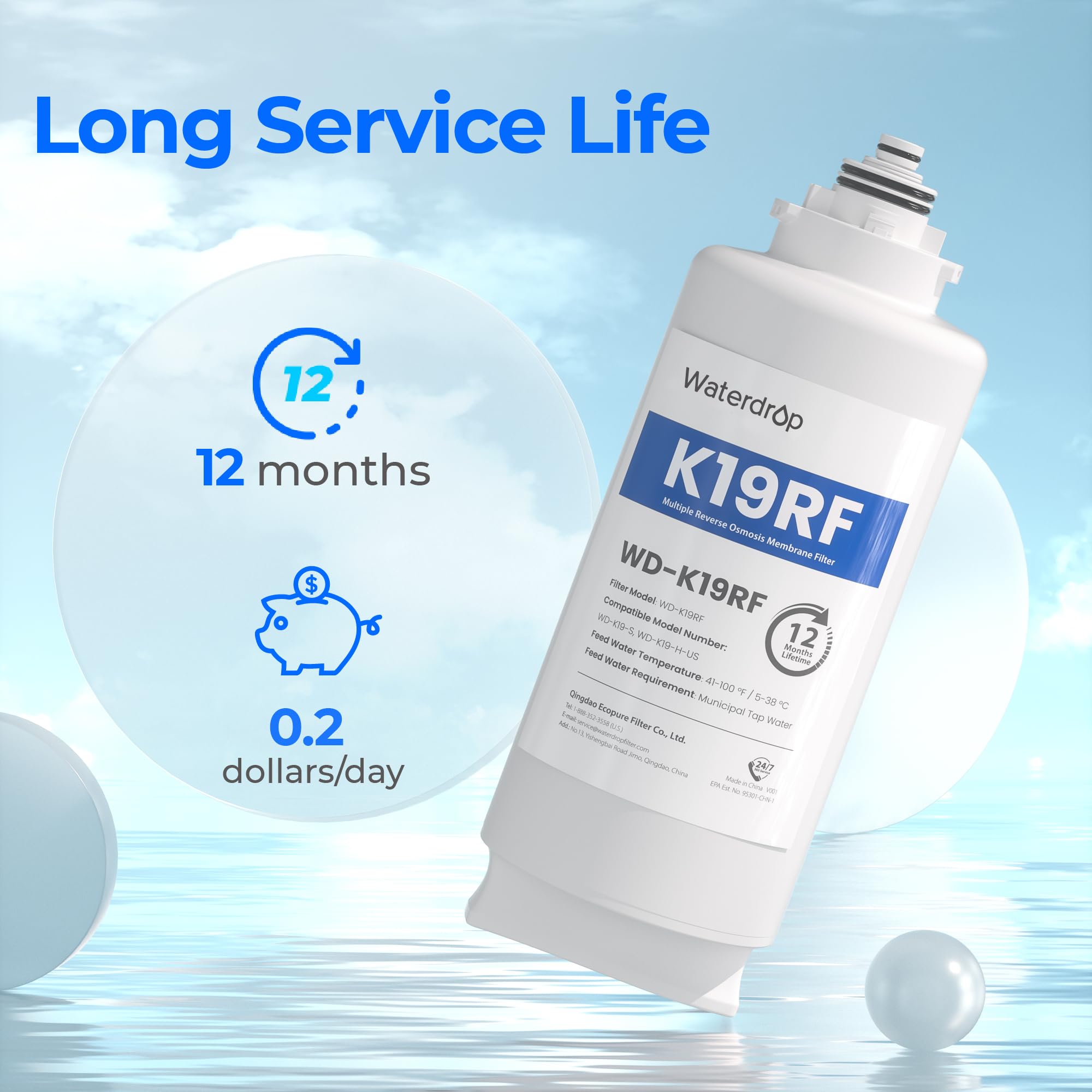 Waterdrop WD-K19RF easy-installation icon illustrating a 3-second replacement