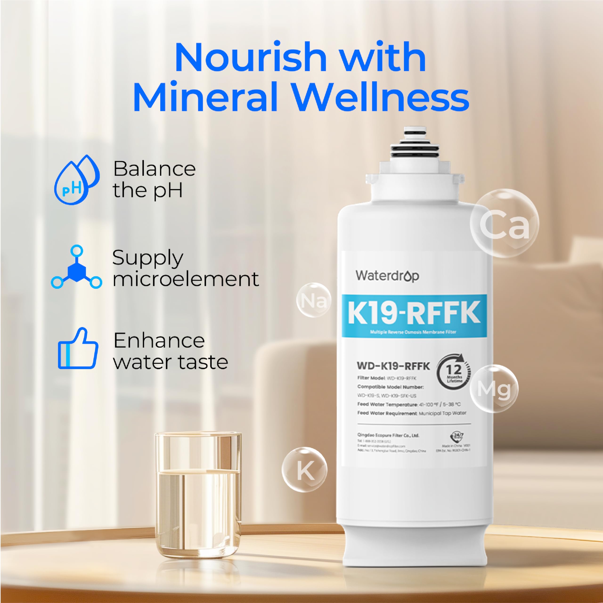 Waterdrop WD-K19RF-FK filter with a 12-month lifespan explained.
