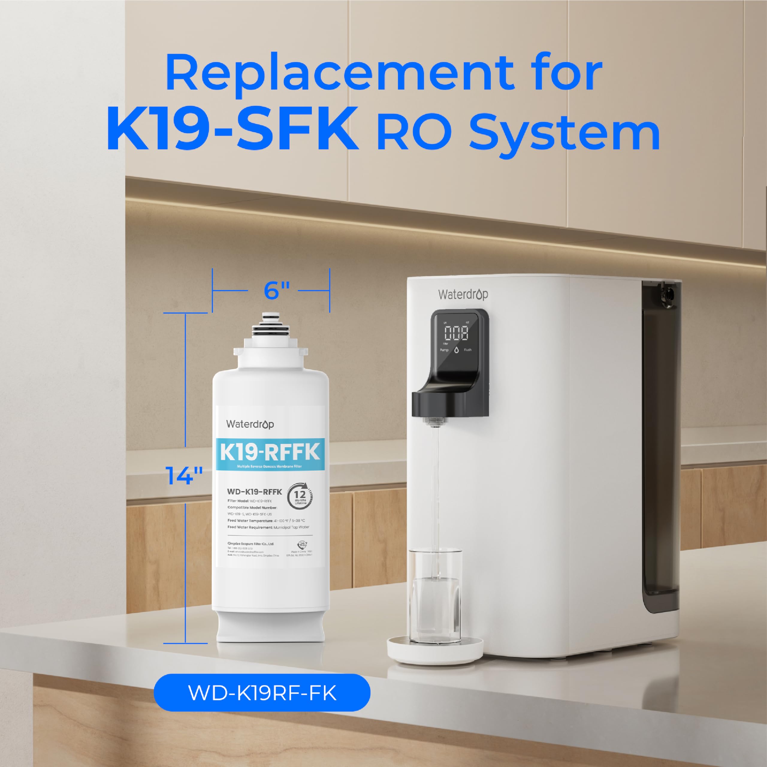 Waterdrop WD-K19RF-FK RO system replacement ready for easy home setup.