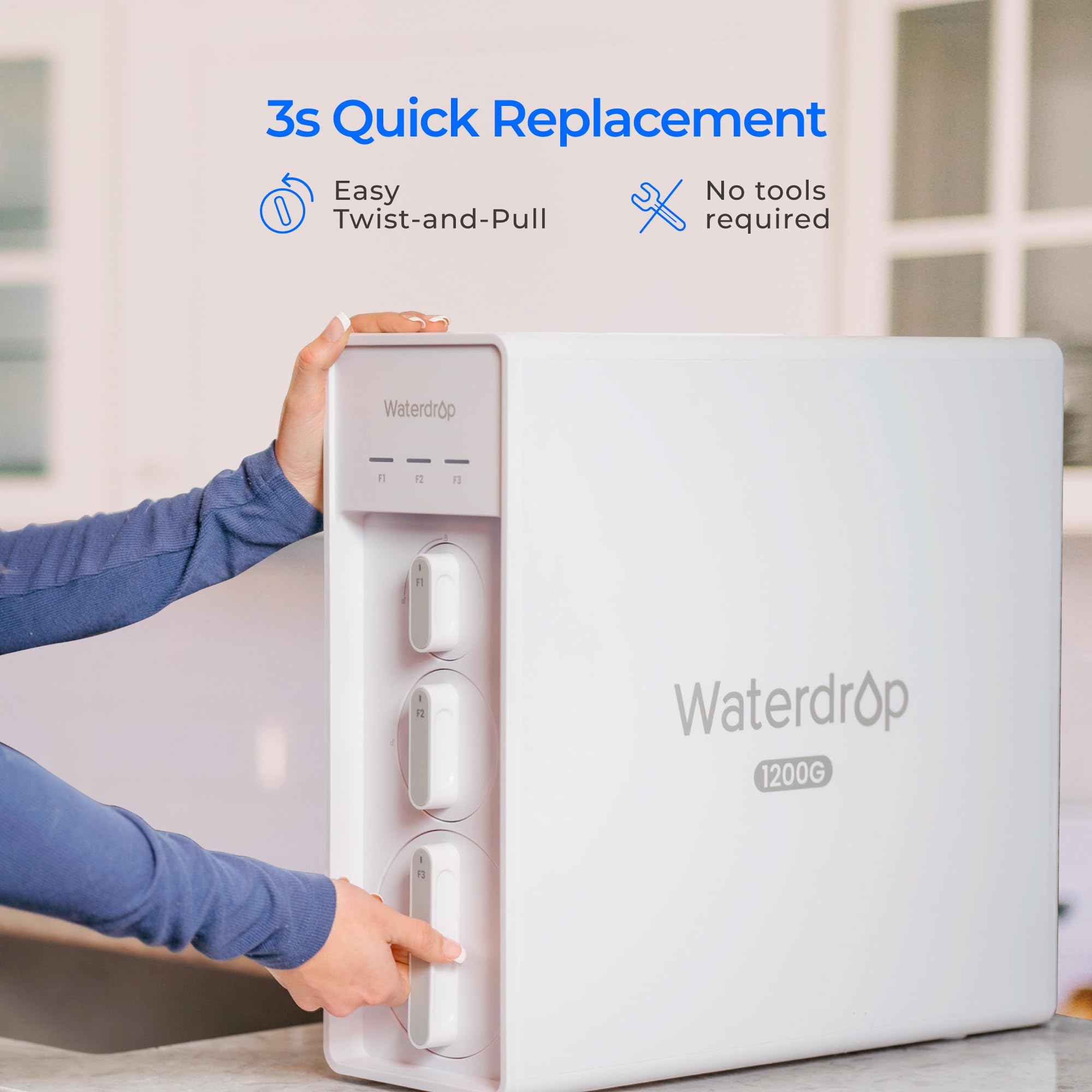 Waterdrop WD-X12 auto shut-off enables safe, convenient filter replacement.