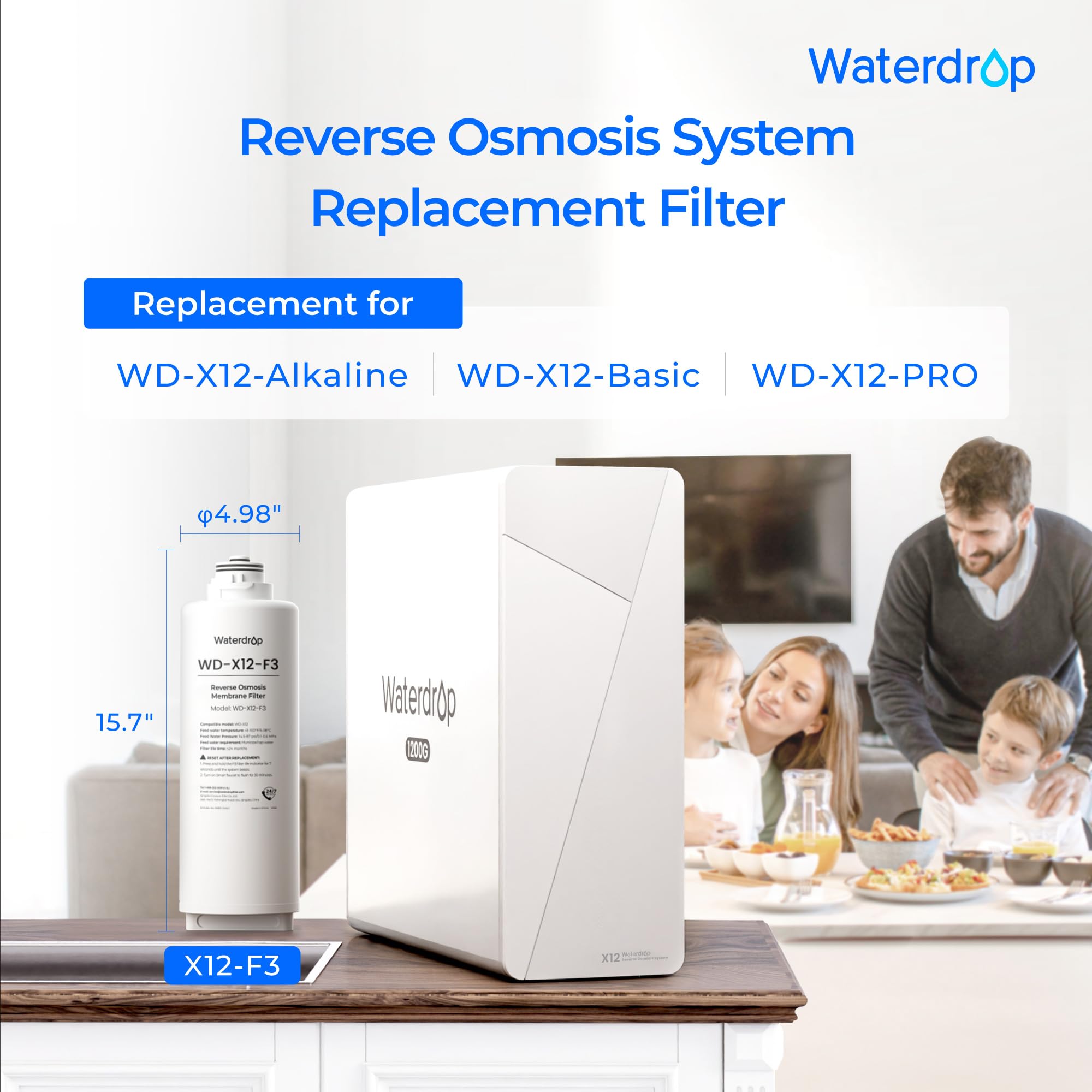 Waterdrop WD-X12 filter capacity emphasizes 1200 GPD performance for quick homes.