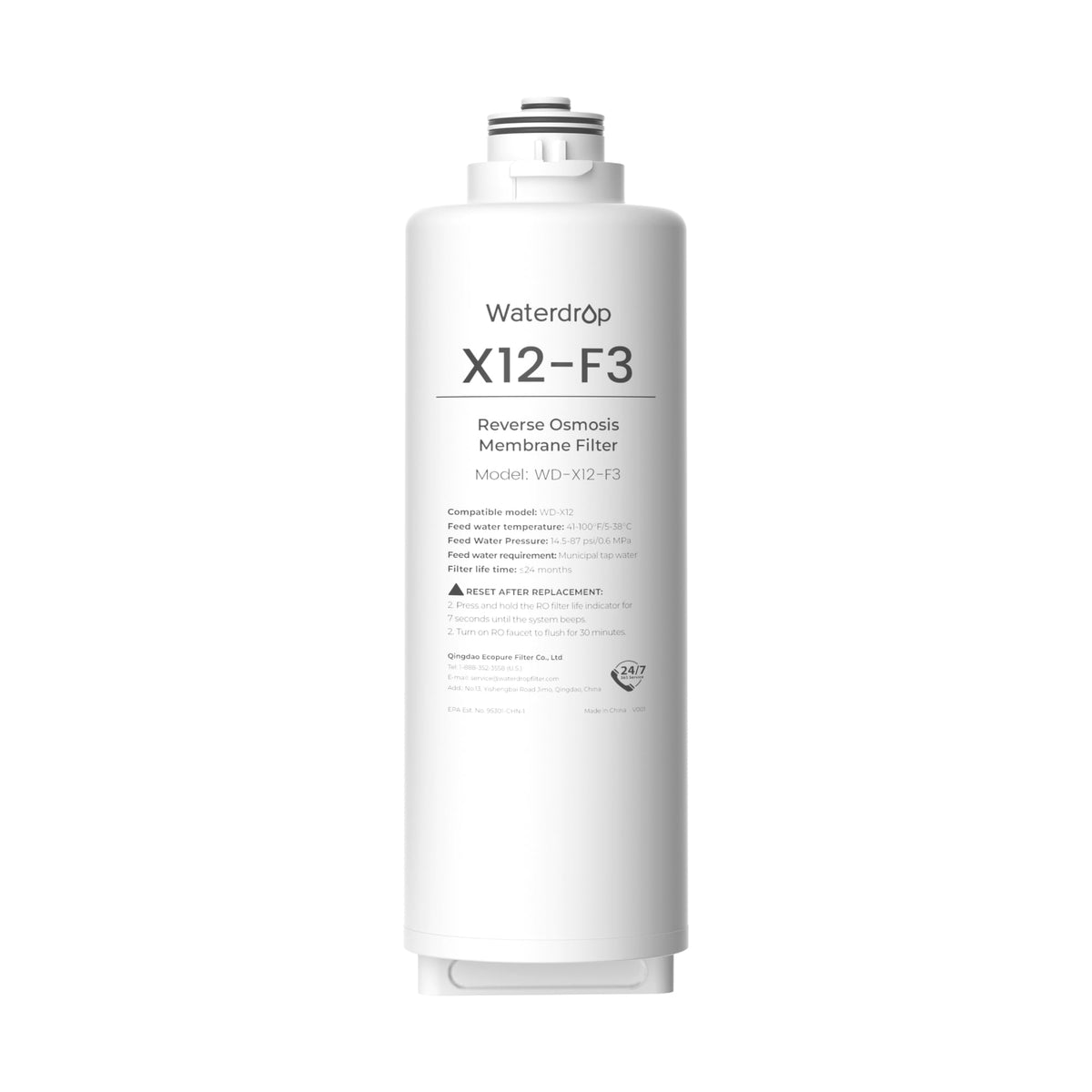 Waterdrop WD-X12 filter system front view highlights compact under-sink installation.