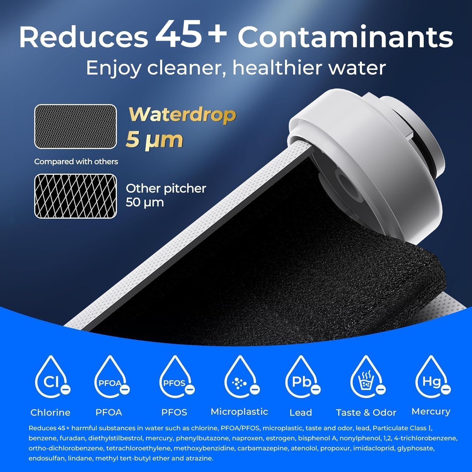 Waterdrop WD-EDF five-micron carbon block reduces impurities for better taste.