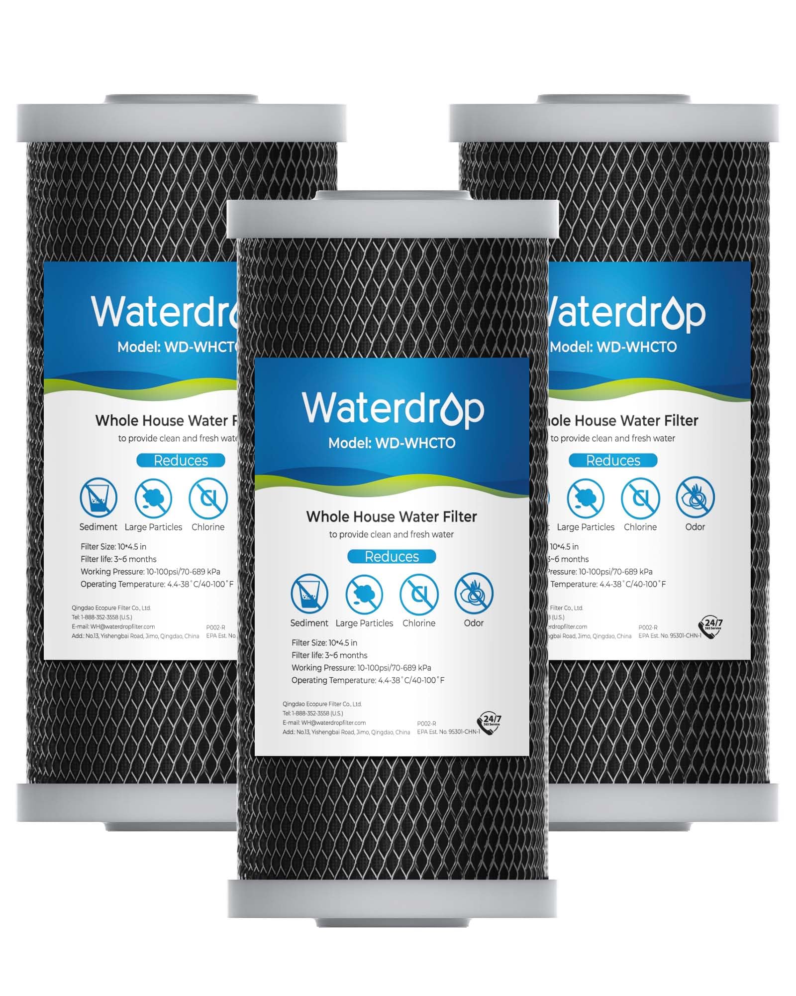 Waterdrop whole-house CTO carbon filter 10x4.5-in improves taste and reduces chlorine throughout home.