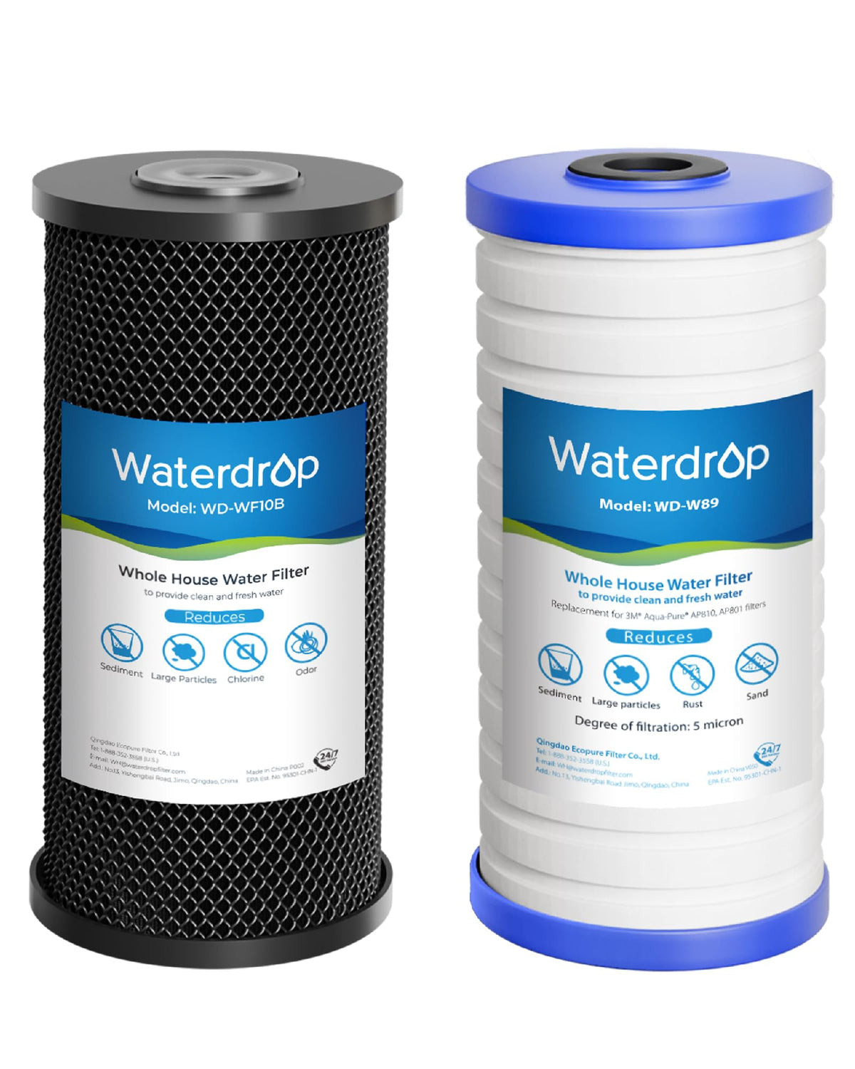 Waterdrop whole-house CTO carbon filter cartridge reduces chlorine for a cleaner taste