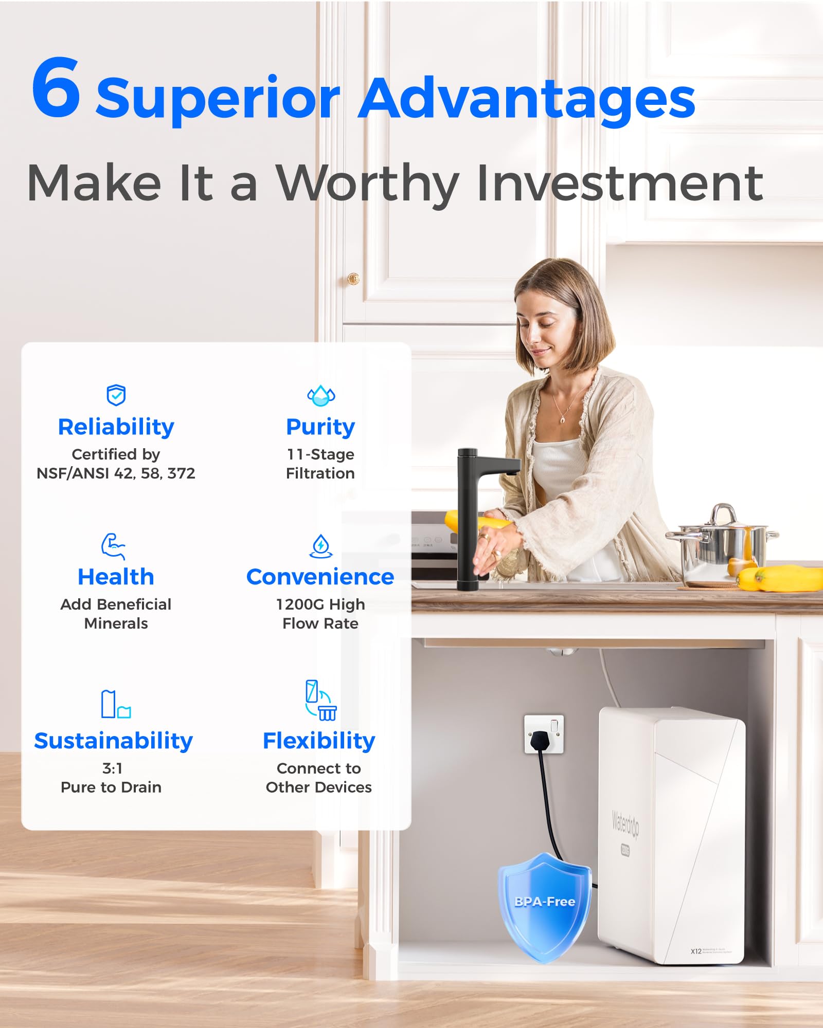 Waterdrop X12 11-stage filtration removes contaminants while preserving minerals.