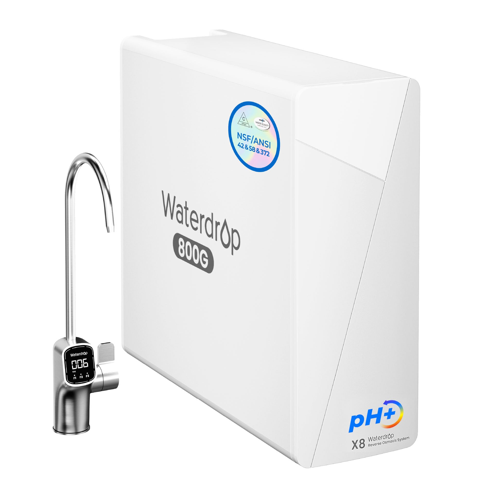Waterdrop X8 under-sink unit front view with compact tankless design.