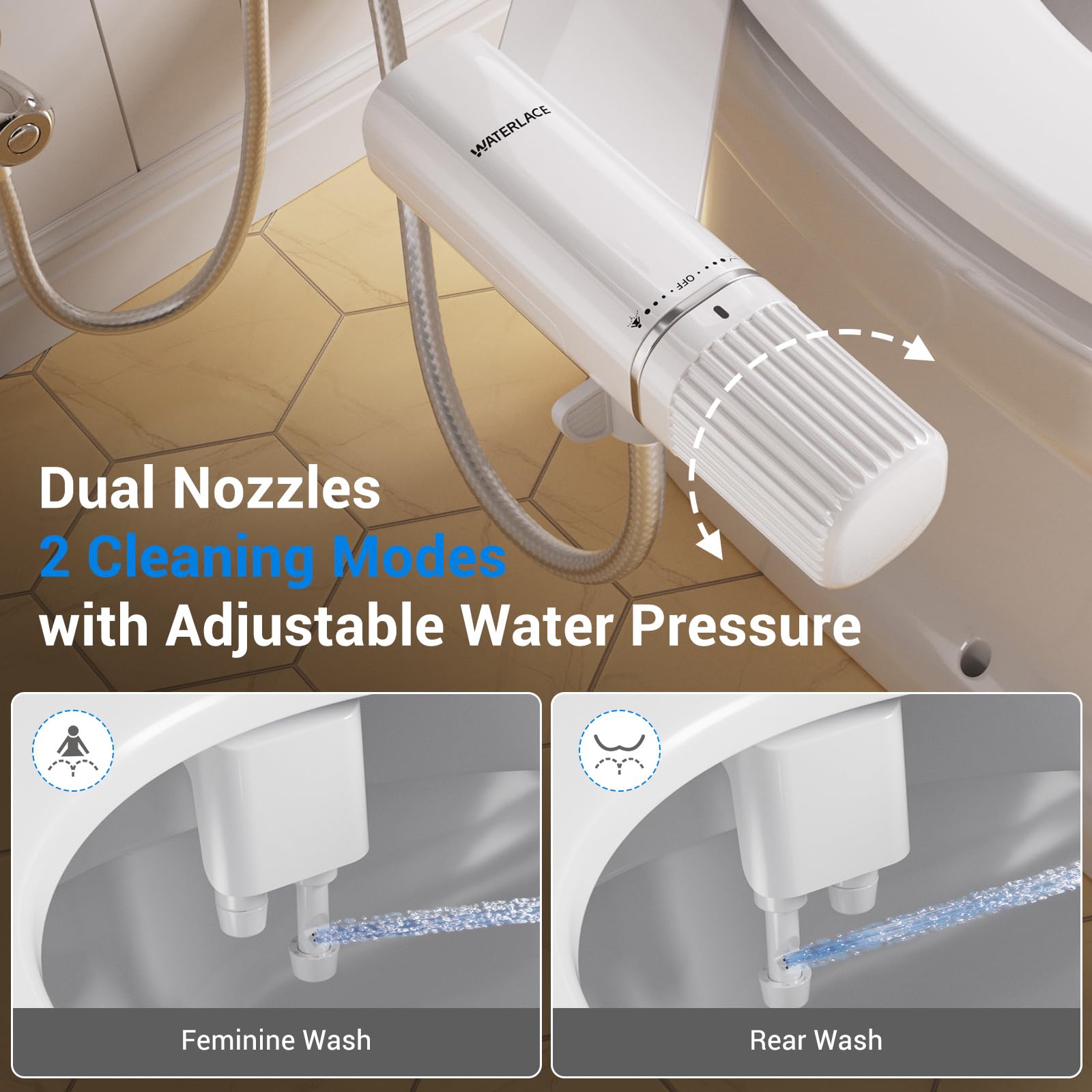 Waterlace bidet shows adjustable water pressure for customizable cleaning.