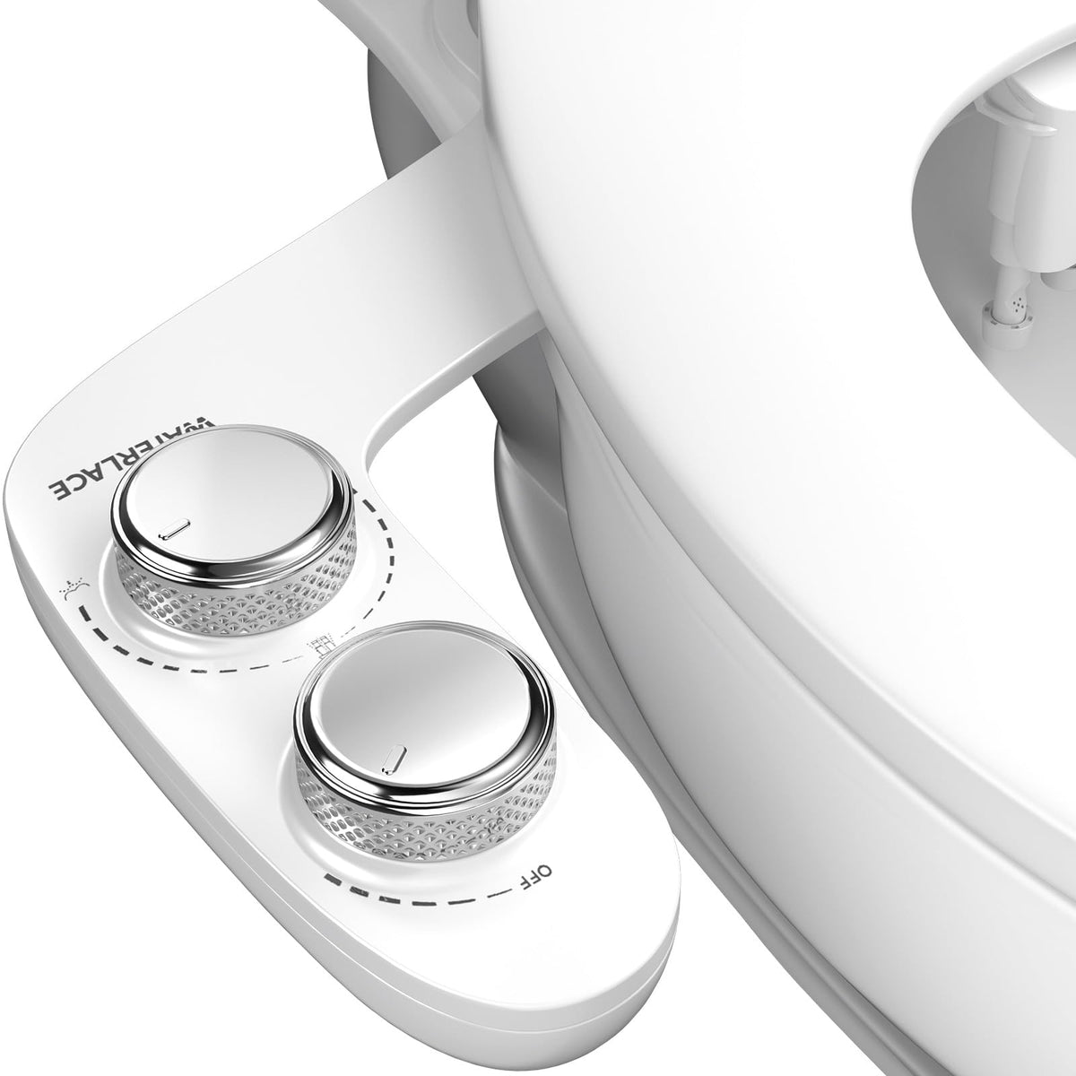 WaterLace bidet attachment on a toilet with adjustable spray for gentle cleansing.