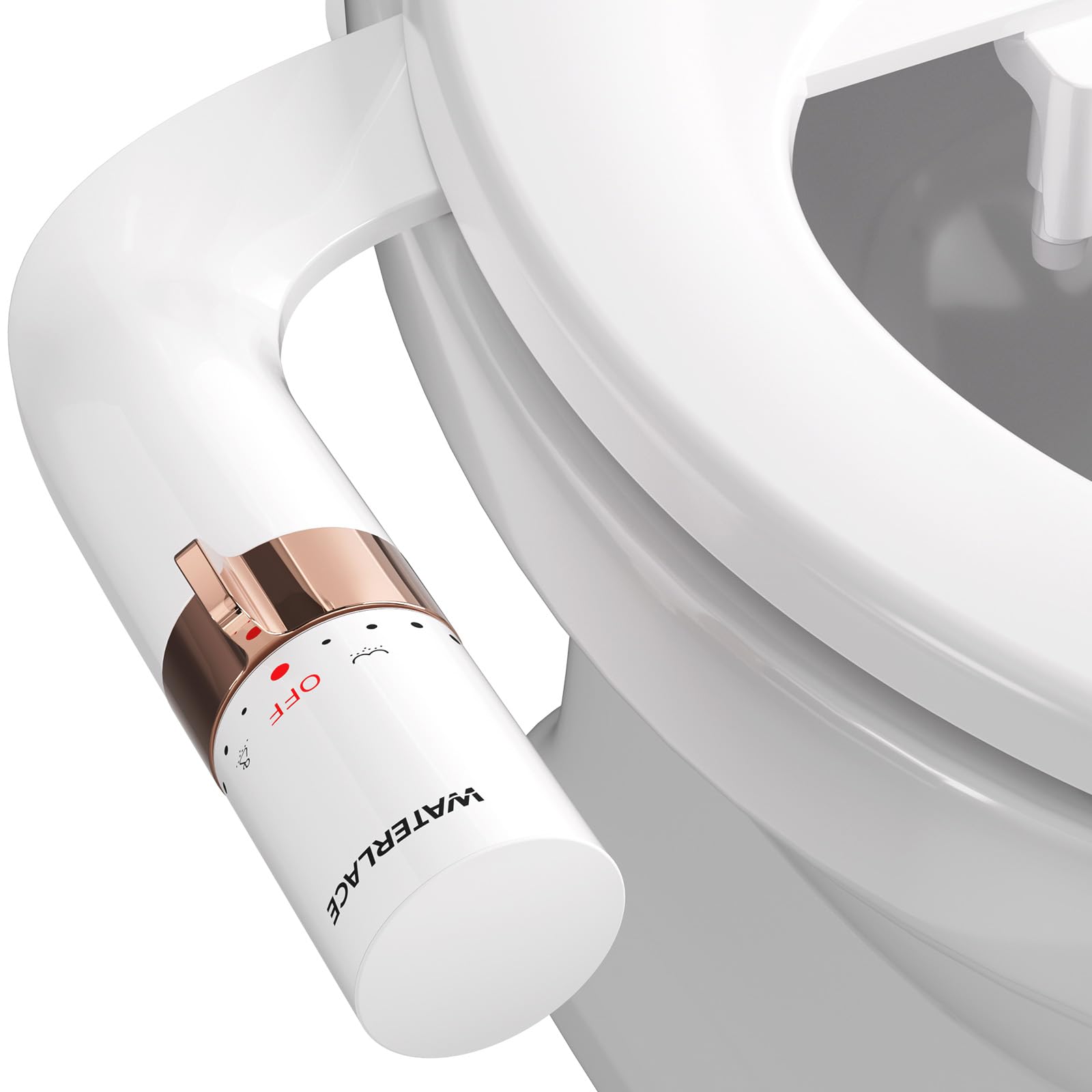 WaterLACE bidet attachment in rose gold with front view showing slim space-saving design